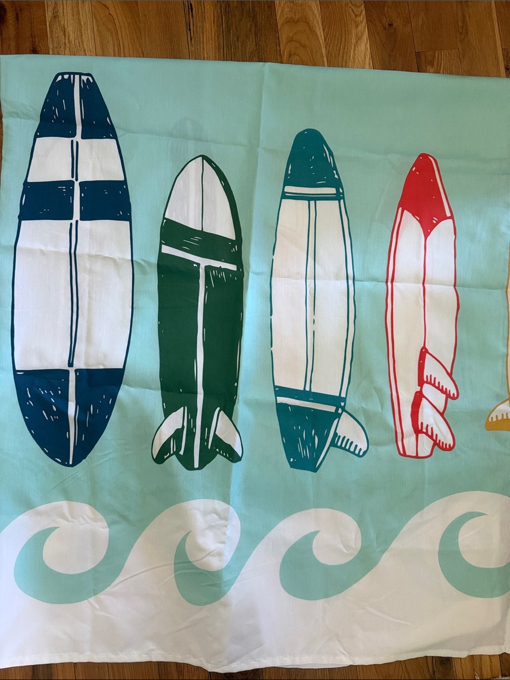 Kids Surfboard Beach Towel - Mint with Blue, Green, Teal, and Red Surfboards